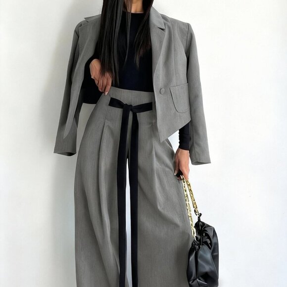 Jackets & Blazers - Grey Elegant Women's Blazer Jacket & Wide Leg Pants 2-Piece Set